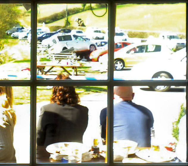View of crashed car from inside the pub